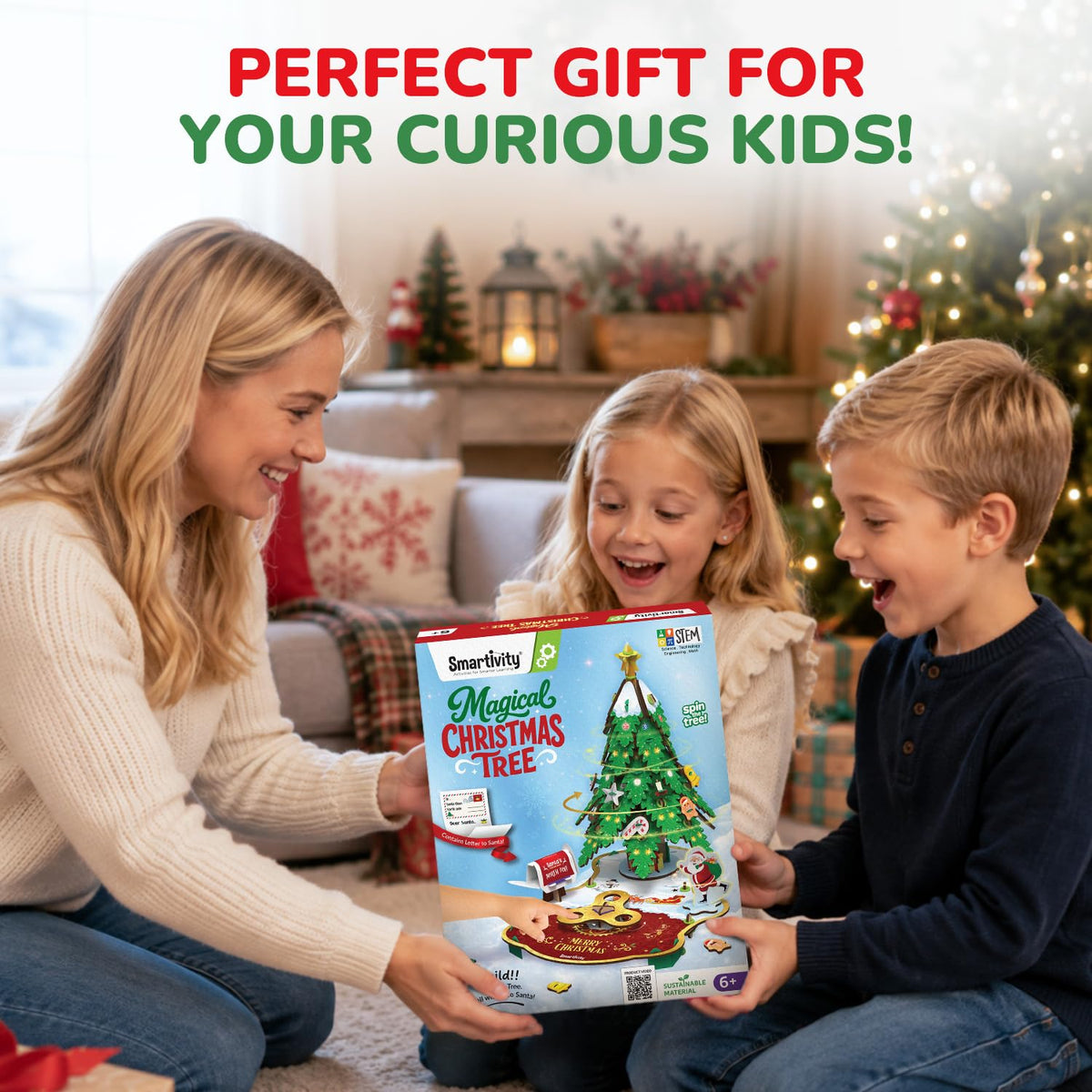 Woman giving a boxed Magical Christmas Tree kit to a girl and a boy as a Christmas gift