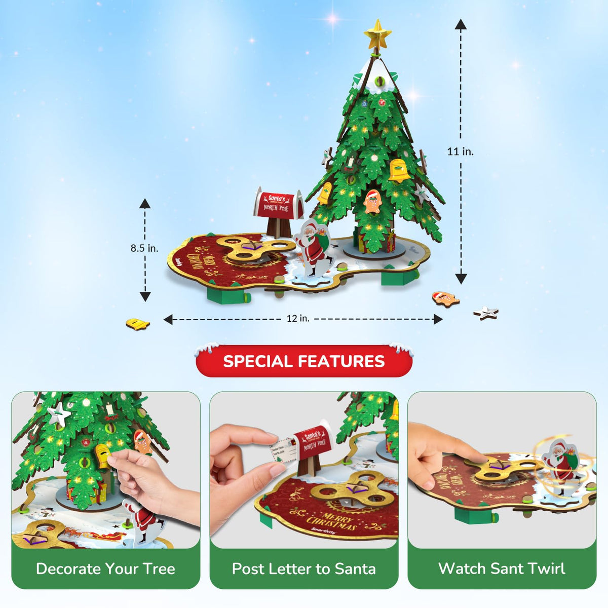 Built Magical Christmas Tree, about 11 in tall, 12 in wide and 8.5 in deep, with close-ups of decorating the tree, posting a letter to Santa and Santa twirling