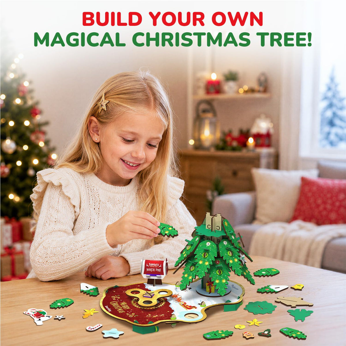 Girl fitting green branch pieces onto a half-built Magical Christmas Tree