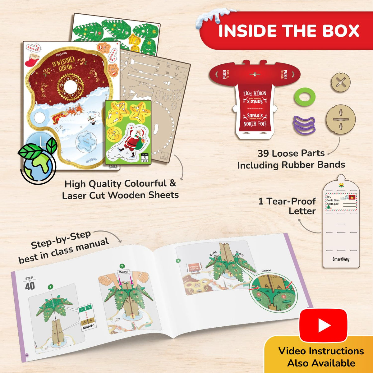 Inside the Magical Christmas Tree box: colorful and wooden sheets, 39 loose parts with rubber bands, a letter to Santa and a step-by-step instruction booklet