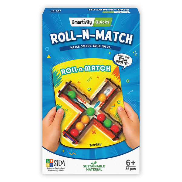 Roll n Match box: a Smartivity Quicks DIY STEM kit for ages 6+, 35 pieces, showing the built X-shaped rolling puzzle with colored balls