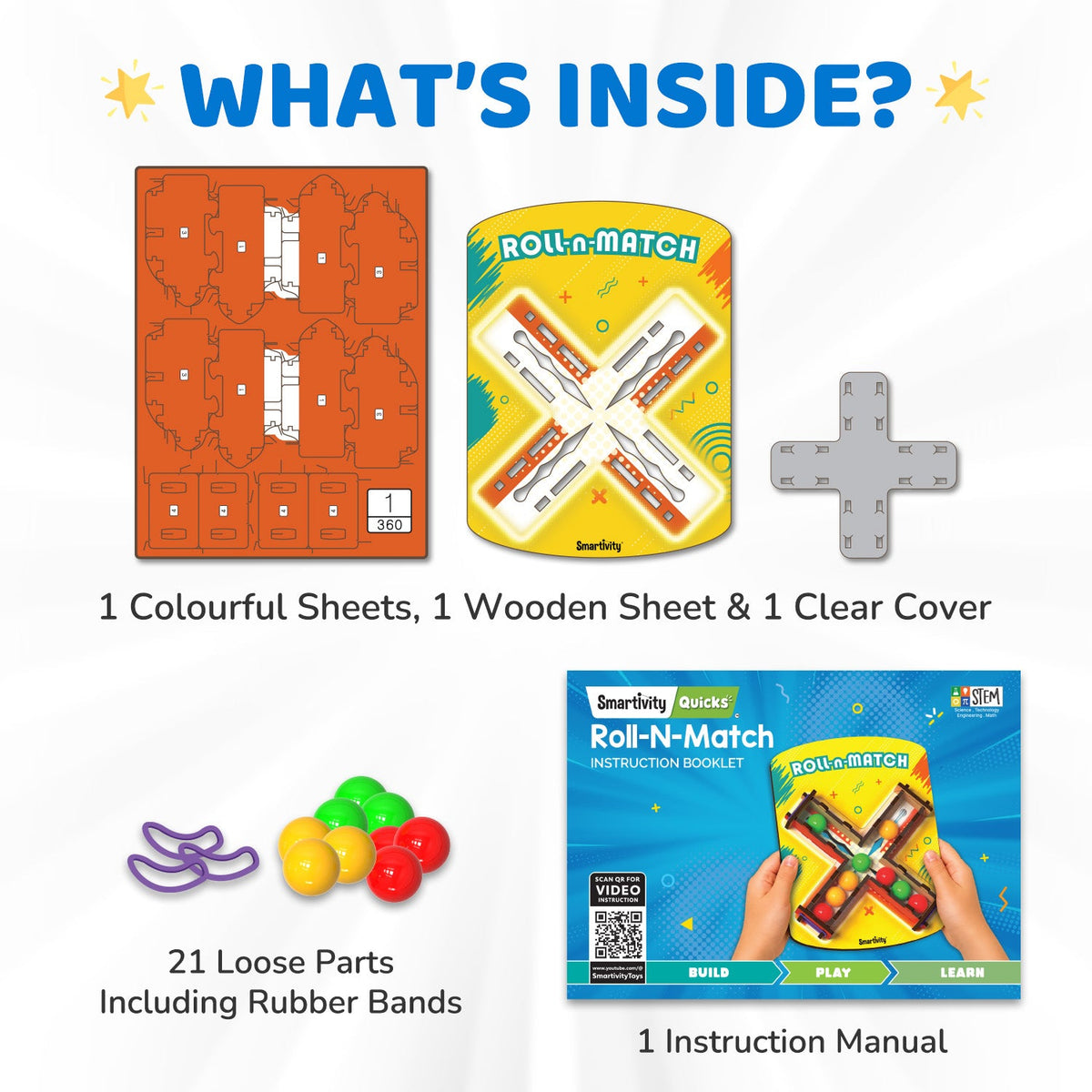 Inside the Roll n Match box: 1 colorful sheet, 1 wooden sheet, 1 clear cover, 21 loose parts including rubber bands and colored balls, and an instruction booklet