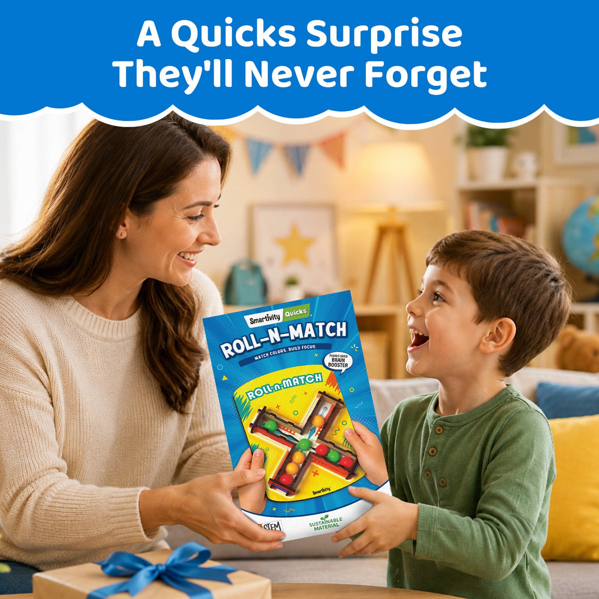 Woman giving a boxed Roll n Match kit to a smiling boy as a gift