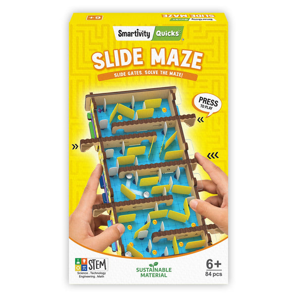 Slide Maze box: a Smartivity Quicks DIY STEM kit for ages 6+, 84 pieces, with hands sliding the gates of the built maze
