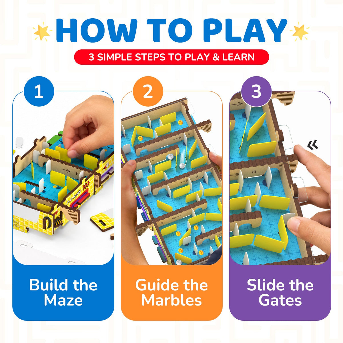 How to play Slide Maze in 3 steps: build the maze, guide the balls, slide the gates