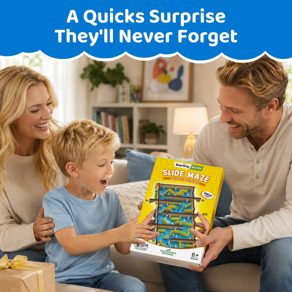 A man and a woman giving a boxed Slide Maze kit to a delighted boy as a gift